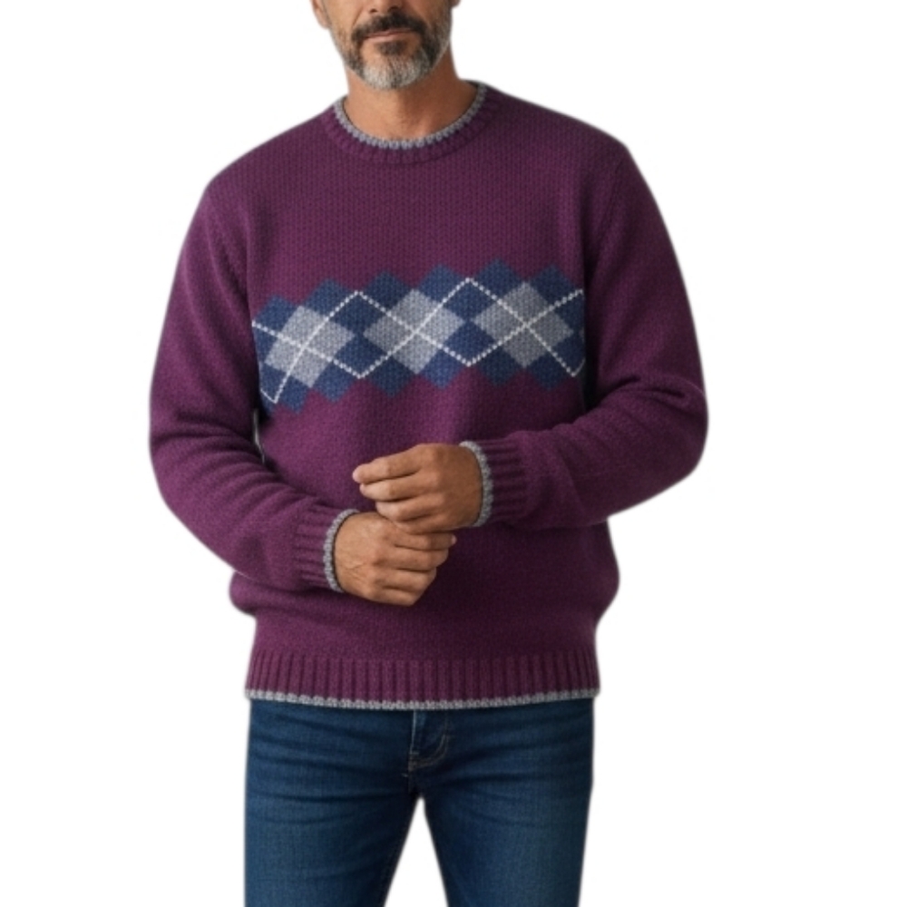Like New Club Room Sweater Mens Large Plum 100% Wool Argyle Knit Preppy Size L